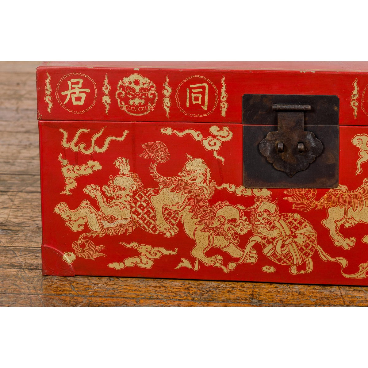 Vintage Chinese Red Lacquer Blanket Chest with Bat, Guardian Lion, Cloud Motifs-9. Asian &amp; Chinese Furniture, Art, Antiques, Vintage Home Décor for sale at FEA Home