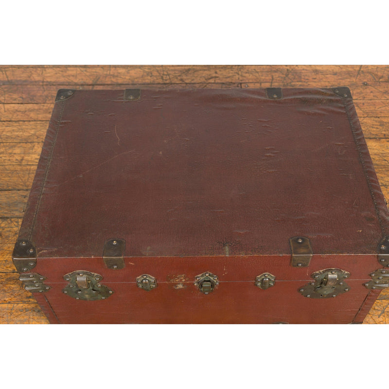 Qing Dynasty Period 19th Century Brown Leather Trunk with Brass Hardware-YN7724-14. Asian & Chinese Furniture, Art, Antiques, Vintage Home Décor for sale at FEA Home