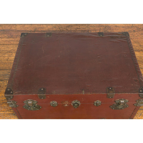 Qing Dynasty Period 19th Century Brown Leather Trunk with Brass Hardware-YN7724-14. Asian & Chinese Furniture, Art, Antiques, Vintage Home Décor for sale at FEA Home