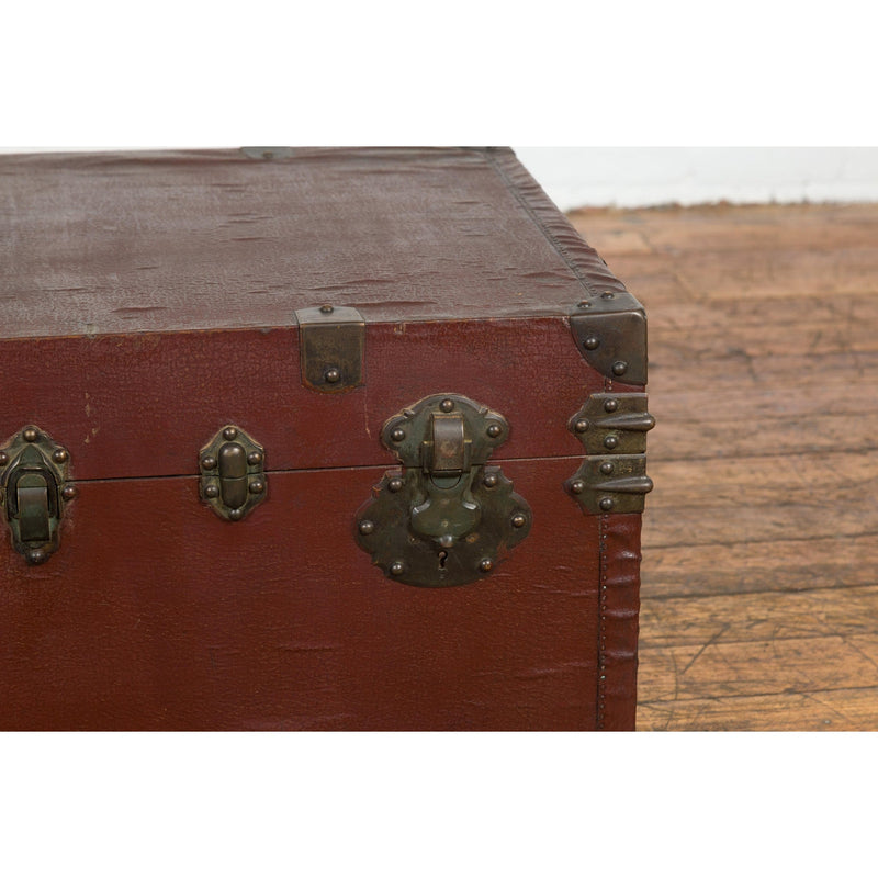 Qing Dynasty Period 19th Century Brown Leather Trunk with Brass Hardware-YN7724-17. Asian & Chinese Furniture, Art, Antiques, Vintage Home Décor for sale at FEA Home