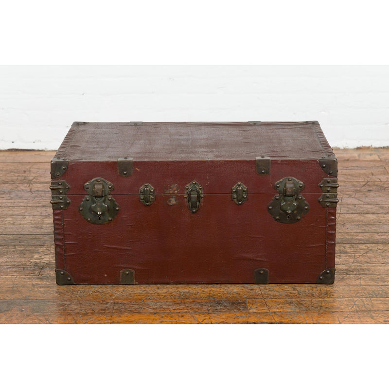 Qing Dynasty Period 19th Century Brown Leather Trunk with Brass Hardware-YN7724-19. Asian & Chinese Furniture, Art, Antiques, Vintage Home Décor for sale at FEA Home