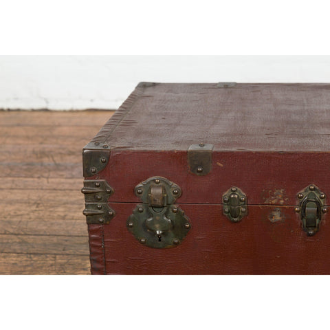 Qing Dynasty Period 19th Century Brown Leather Trunk with Brass Hardware
