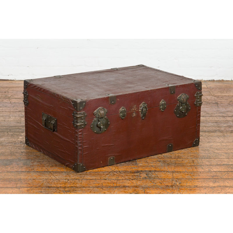 Qing Dynasty Period 19th Century Brown Leather Trunk with Brass Hardware-YN7724-3. Asian & Chinese Furniture, Art, Antiques, Vintage Home Décor for sale at FEA Home