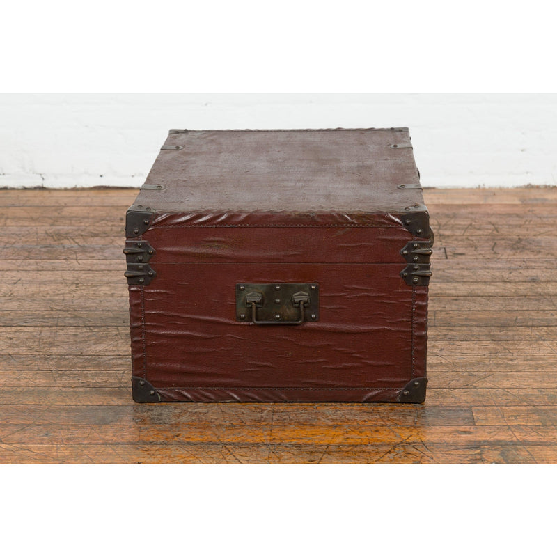Qing Dynasty Period 19th Century Brown Leather Trunk with Brass Hardware-YN7724-8. Asian & Chinese Furniture, Art, Antiques, Vintage Home Décor for sale at FEA Home