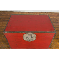 Chinese Qing Dynasty Period 19th Century Red Lacquer Trunk with Metal Edging