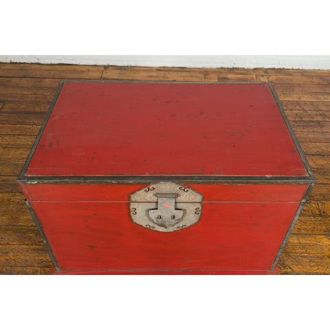 Chinese Qing Dynasty Period 19th Century Red Lacquer Trunk with Metal Edging-YN7725-11. Asian & Chinese Furniture, Art, Antiques, Vintage Home Décor for sale at FEA Home