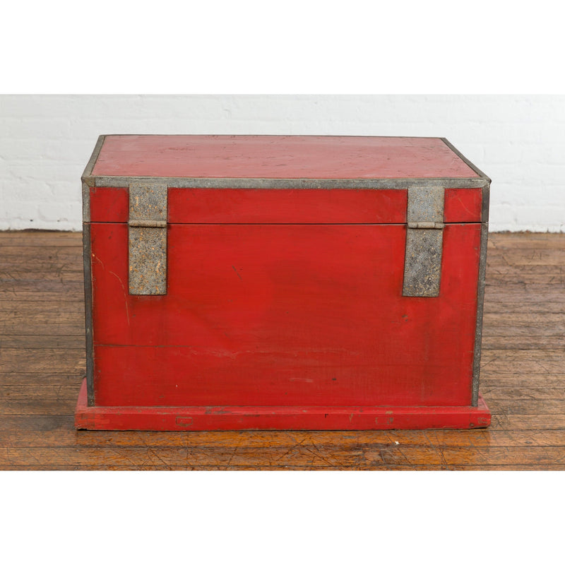 Chinese Qing Dynasty Period 19th Century Red Lacquer Trunk with Metal Edging-YN7725-19. Asian & Chinese Furniture, Art, Antiques, Vintage Home Décor for sale at FEA Home