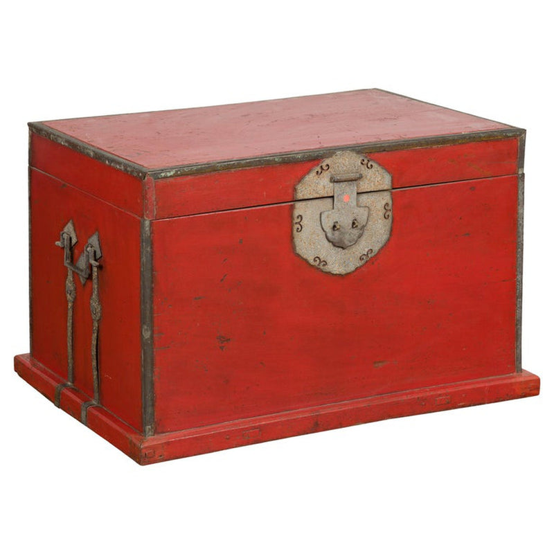 Chinese Qing Dynasty Period 19th Century Red Lacquer Trunk with Metal Edging-YN7725-1. Asian & Chinese Furniture, Art, Antiques, Vintage Home Décor for sale at FEA Home