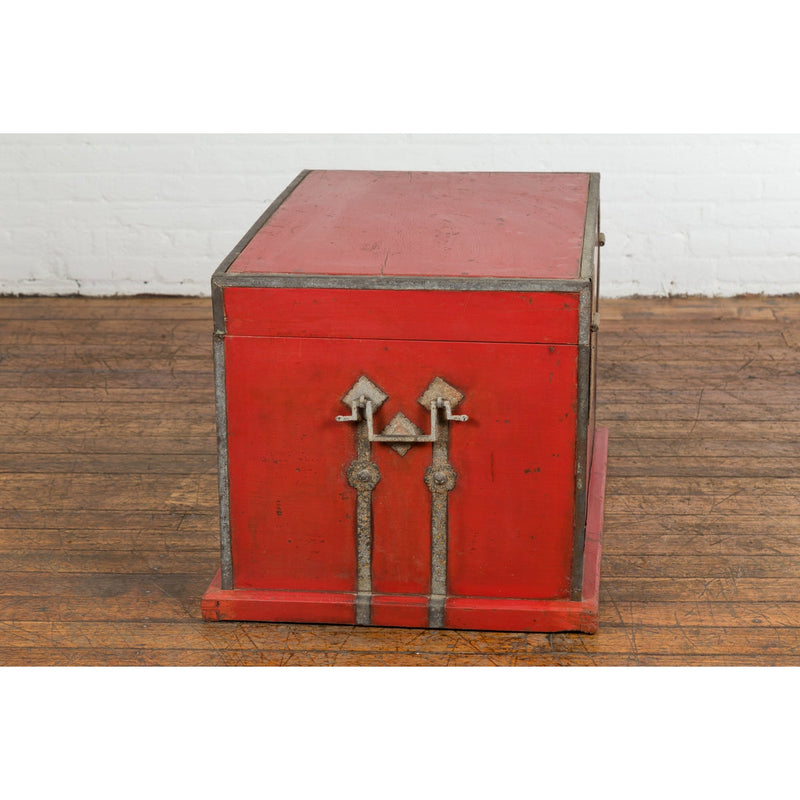 Chinese Qing Dynasty Period 19th Century Red Lacquer Trunk with Metal Edging-YN7725-20. Asian & Chinese Furniture, Art, Antiques, Vintage Home Décor for sale at FEA Home