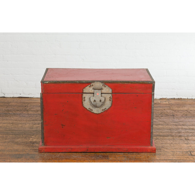Chinese Qing Dynasty Period 19th Century Red Lacquer Trunk with Metal Edging-YN7725-2. Asian & Chinese Furniture, Art, Antiques, Vintage Home Décor for sale at FEA Home