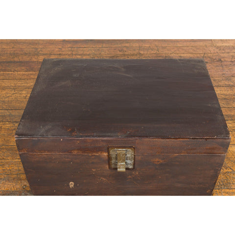 Brown Leather Brown Trunk with Etched Brass Lock and Distressed Patina-YN7726-10. Asian & Chinese Furniture, Art, Antiques, Vintage Home Décor for sale at FEA Home