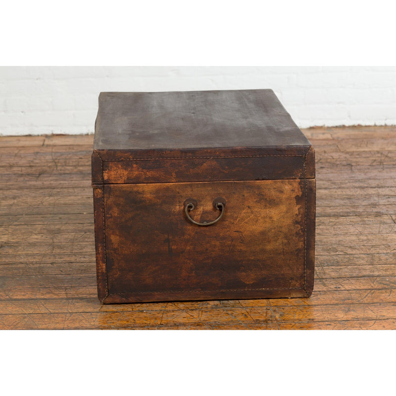 Brown Leather Brown Trunk with Etched Brass Lock and Distressed Patina-YN7726-14. Asian & Chinese Furniture, Art, Antiques, Vintage Home Décor for sale at FEA Home