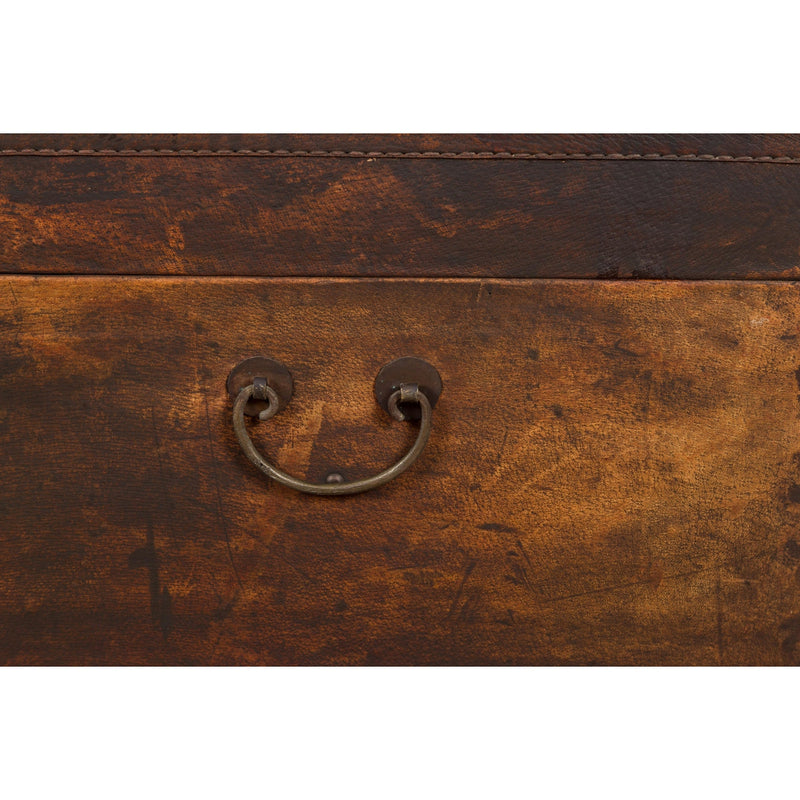 Brown Leather Brown Trunk with Etched Brass Lock and Distressed Patina-YN7726-15. Asian & Chinese Furniture, Art, Antiques, Vintage Home Décor for sale at FEA Home
