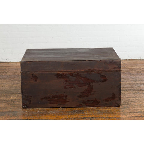 Brown Leather Brown Trunk with Etched Brass Lock and Distressed Patina-YN7726-16. Asian & Chinese Furniture, Art, Antiques, Vintage Home Décor for sale at FEA Home