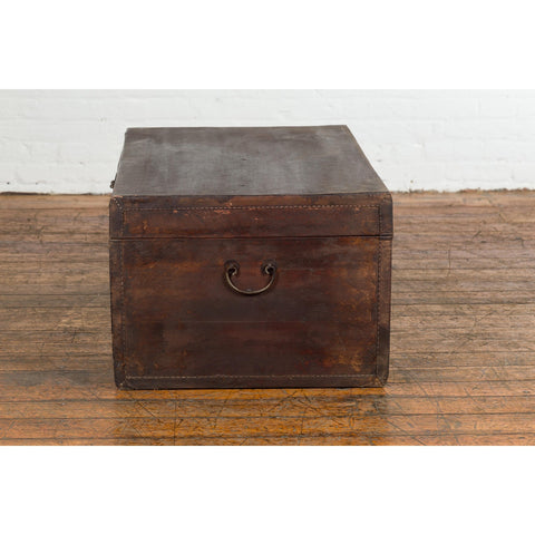 Brown Leather Brown Trunk with Etched Brass Lock and Distressed Patina-YN7726-17. Asian & Chinese Furniture, Art, Antiques, Vintage Home Décor for sale at FEA Home