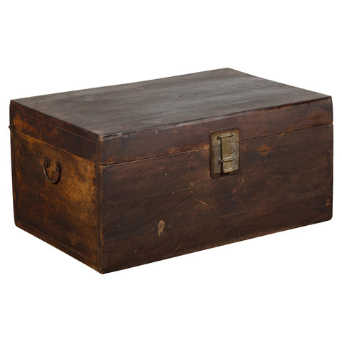 Brown Leather Brown Trunk with Etched Brass Lock and Distressed Patina-YN7726-1-Unique Furniture-Art-Antiques-Home Décor in NY