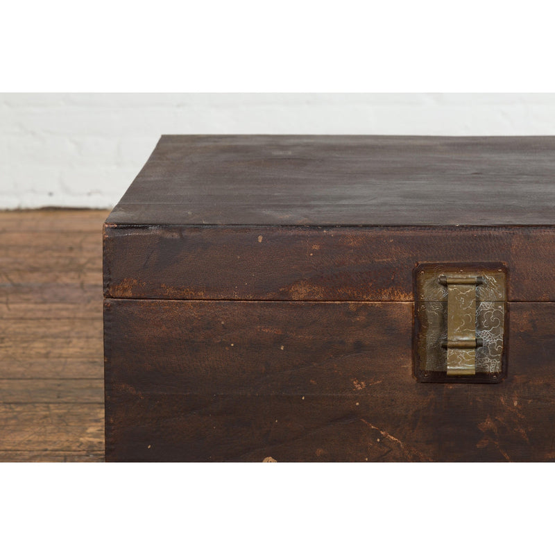 Brown Leather Brown Trunk with Etched Brass Lock and Distressed Patina-YN7726-5. Asian & Chinese Furniture, Art, Antiques, Vintage Home Décor for sale at FEA Home