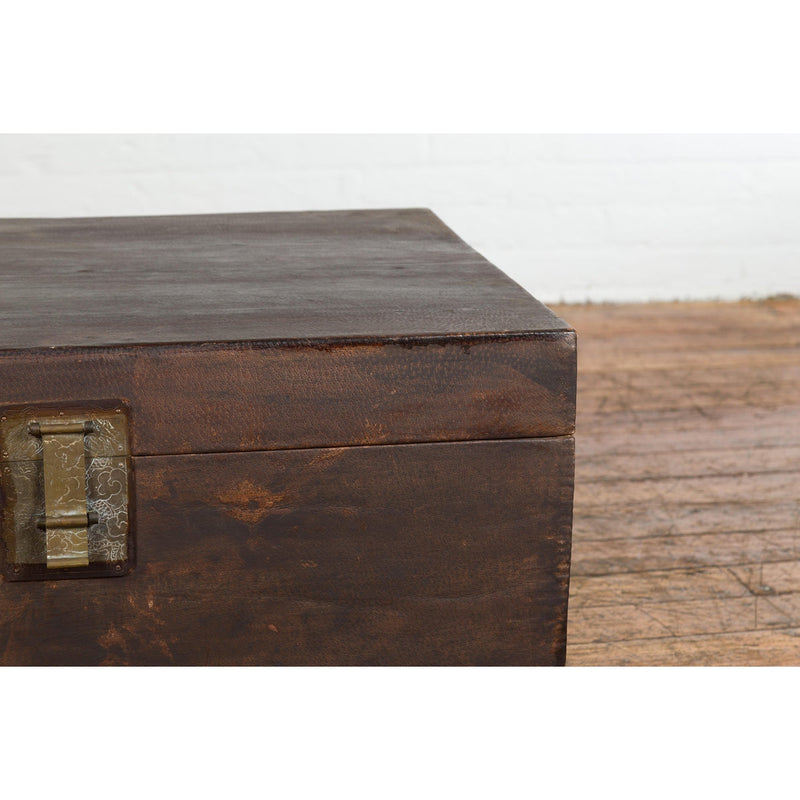 Brown Leather Brown Trunk with Etched Brass Lock and Distressed Patina-YN7726-6. Asian & Chinese Furniture, Art, Antiques, Vintage Home Décor for sale at FEA Home