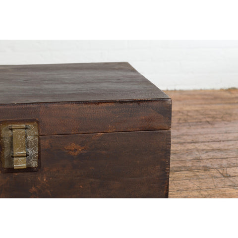 Brown Leather Brown Trunk with Etched Brass Lock and Distressed Patina-YN7726-6. Asian & Chinese Furniture, Art, Antiques, Vintage Home Décor for sale at FEA Home