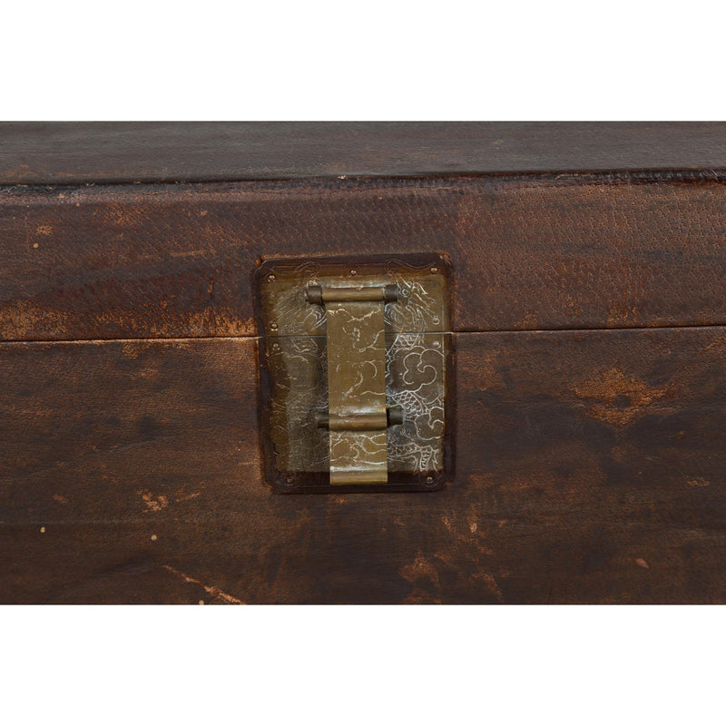 Brown Leather Brown Trunk with Etched Brass Lock and Distressed Patina-YN7726-9. Asian & Chinese Furniture, Art, Antiques, Vintage Home Décor for sale at FEA Home