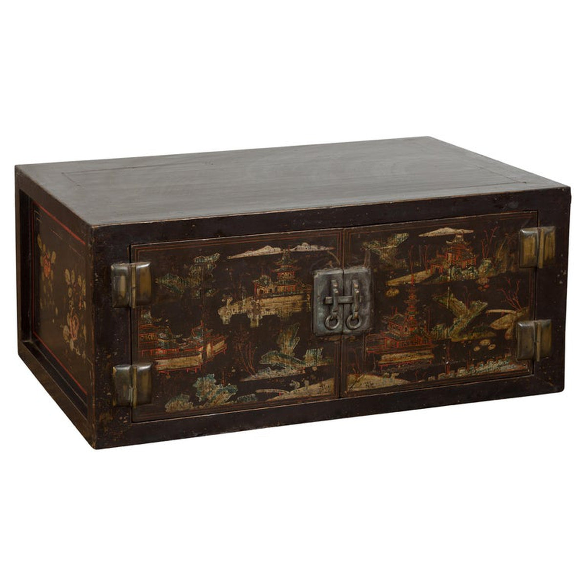 Chinese Late Qing Dynasty Dark Lacquer Low Cabinet with Architecture Motifs-1. Asian & Chinese Furniture, Art, Antiques, Vintage Home Décor for sale at FEA Home