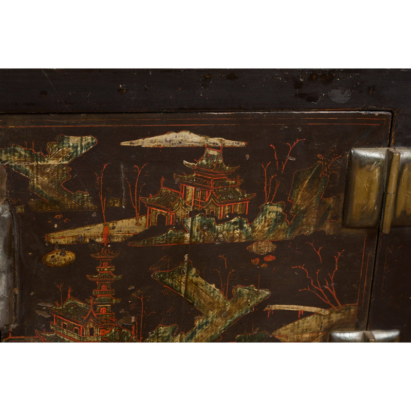 Chinese Late Qing Dynasty Dark Lacquer Low Cabinet with Architecture Motifs-YN7728-10. Asian & Chinese Furniture, Art, Antiques, Vintage Home Décor for sale at FEA Home