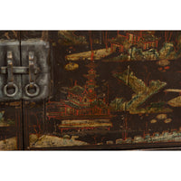 Chinese Late Qing Dynasty Dark Lacquer Low Cabinet with Architecture Motifs