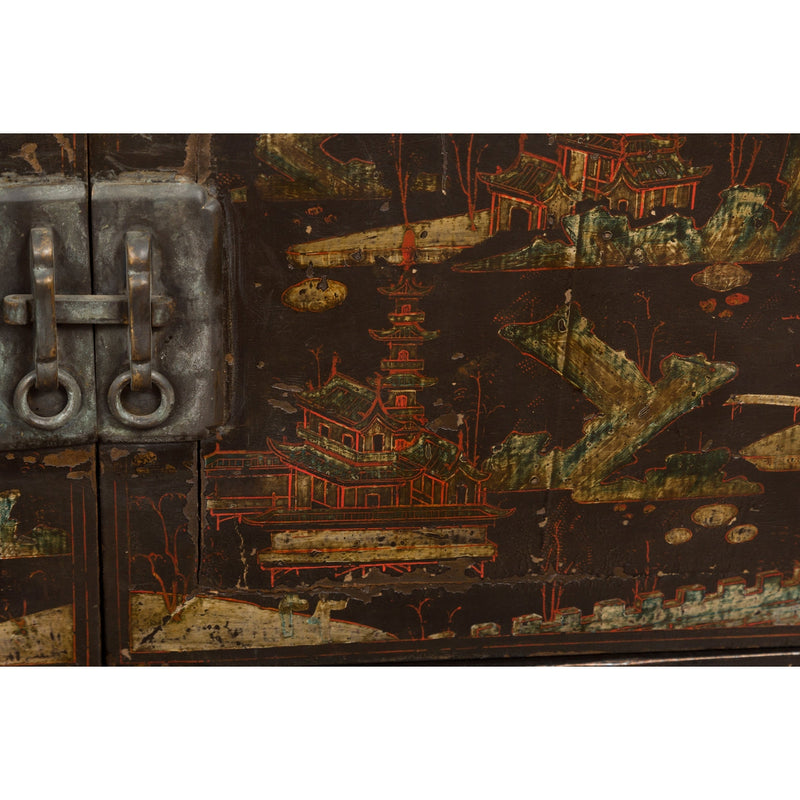 Chinese Late Qing Dynasty Dark Lacquer Low Cabinet with Architecture Motifs-YN7728-11. Asian & Chinese Furniture, Art, Antiques, Vintage Home Décor for sale at FEA Home