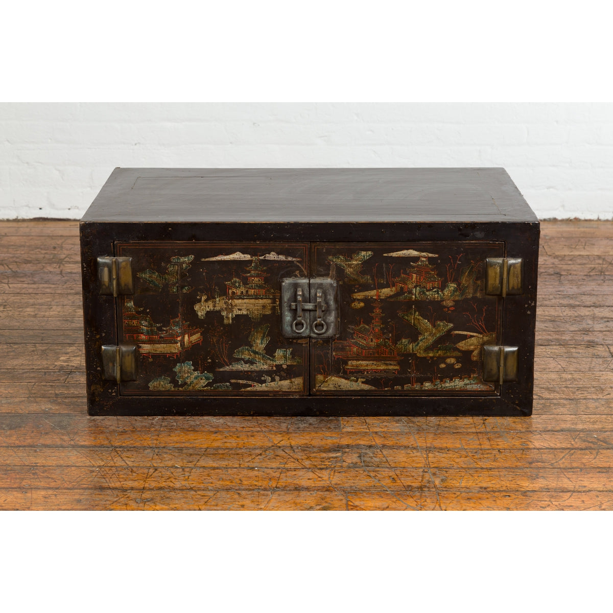 Chinese Late Qing Dynasty Dark Lacquer Low Cabinet with Architecture Motifs-2. Asian & Chinese Furniture, Art, Antiques, Vintage Home Décor for sale at FEA Home