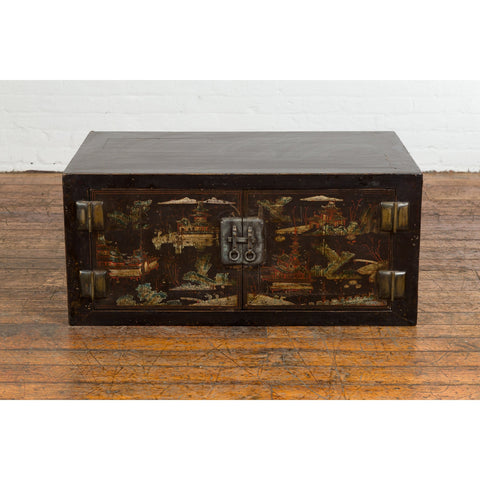 Chinese Late Qing Dynasty Dark Lacquer Low Cabinet with Architecture Motifs-YN7728-2. Asian & Chinese Furniture, Art, Antiques, Vintage Home Décor for sale at FEA Home