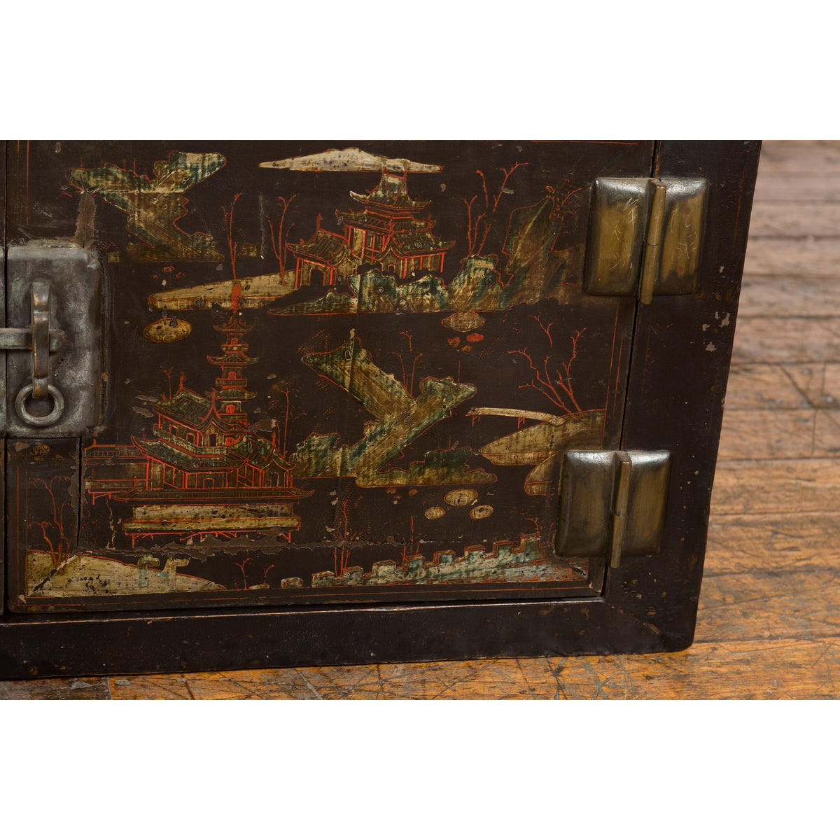 Chinese Late Qing Dynasty Dark Lacquer Low Cabinet with Architecture Motifs-7. Asian &amp; Chinese Furniture, Art, Antiques, Vintage Home Décor for sale at FEA Home