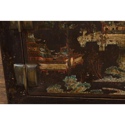 Chinese Late Qing Dynasty Dark Lacquer Low Cabinet with Architecture Motifs-YN7728-9. Asian & Chinese Furniture, Art, Antiques, Vintage Home Décor for sale at FEA Home