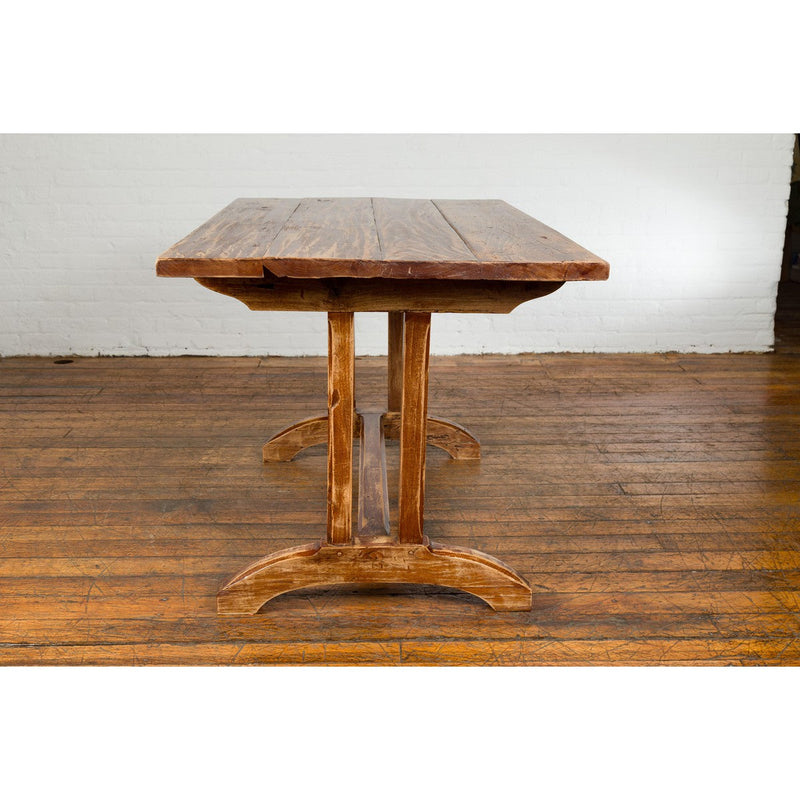 19th Century Country Farmhouse Table with Trestle Base and Distressed Finish-YN7729-12. Asian & Chinese Furniture, Art, Antiques, Vintage Home Décor for sale at FEA Home