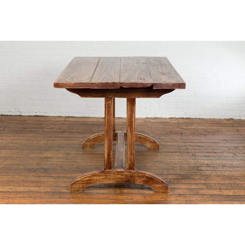 19th Century Country Farmhouse Table with Trestle Base and Distressed Finish-YN7729-15. Asian & Chinese Furniture, Art, Antiques, Vintage Home Décor for sale at FEA Home