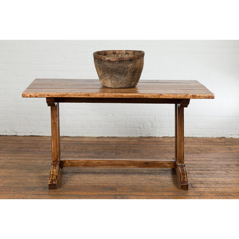 19th Century Country Farmhouse Table with Trestle Base and Distressed Finish-YN7729-3. Asian & Chinese Furniture, Art, Antiques, Vintage Home Décor for sale at FEA Home