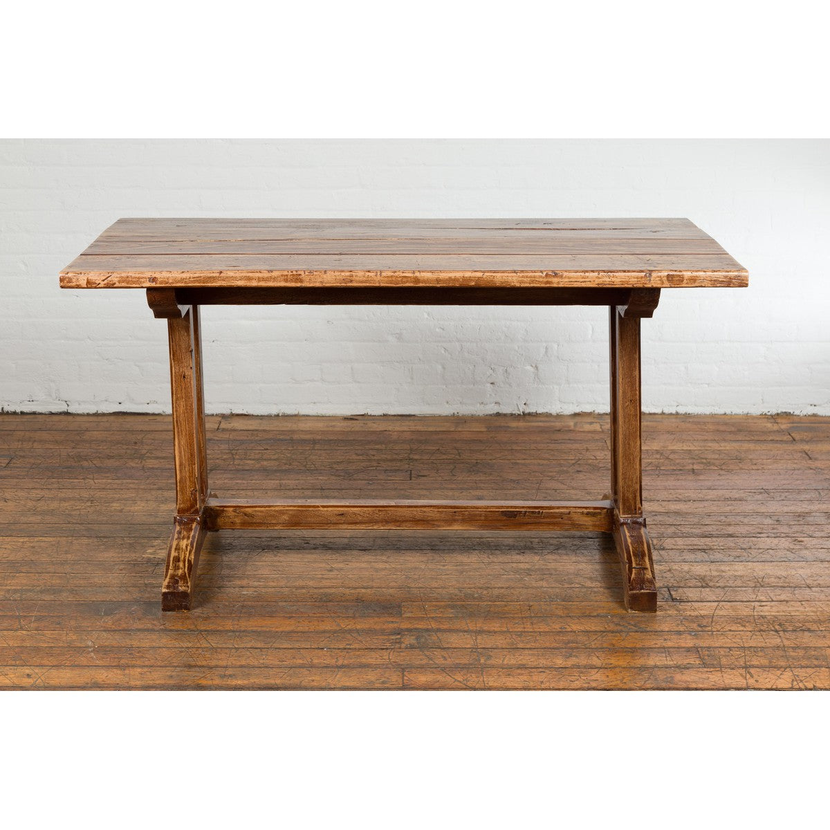 19th Century Country Farmhouse Table with Trestle Base and Distressed Finish-4. Asian &amp; Chinese Furniture, Art, Antiques, Vintage Home Décor for sale at FEA Home