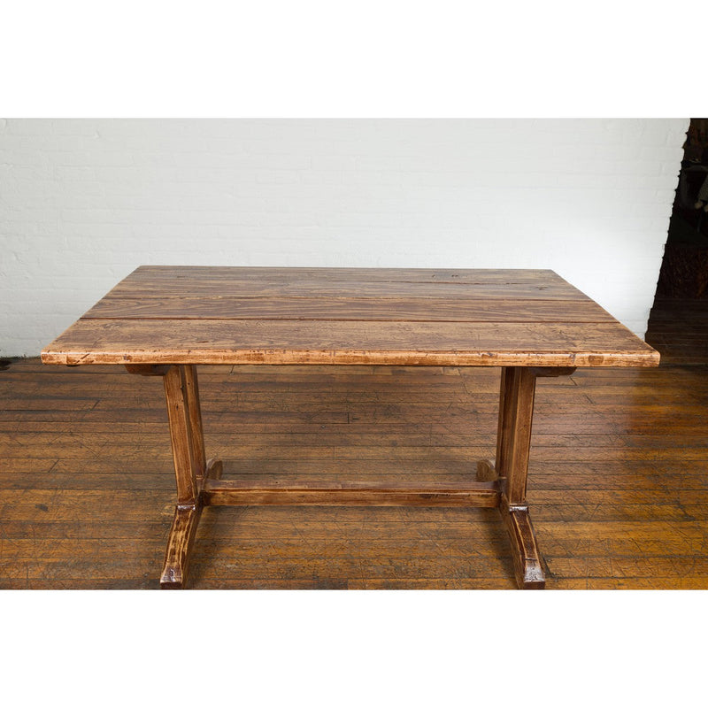 19th Century Country Farmhouse Table with Trestle Base and Distressed Finish-YN7729-5. Asian & Chinese Furniture, Art, Antiques, Vintage Home Décor for sale at FEA Home
