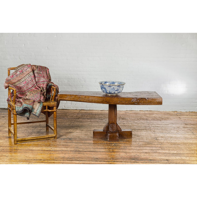 Low Wooden Console Table with Rustic Top and Pedestal Base-YN7730-2. Asian & Chinese Furniture, Art, Antiques, Vintage Home Décor for sale at FEA Home