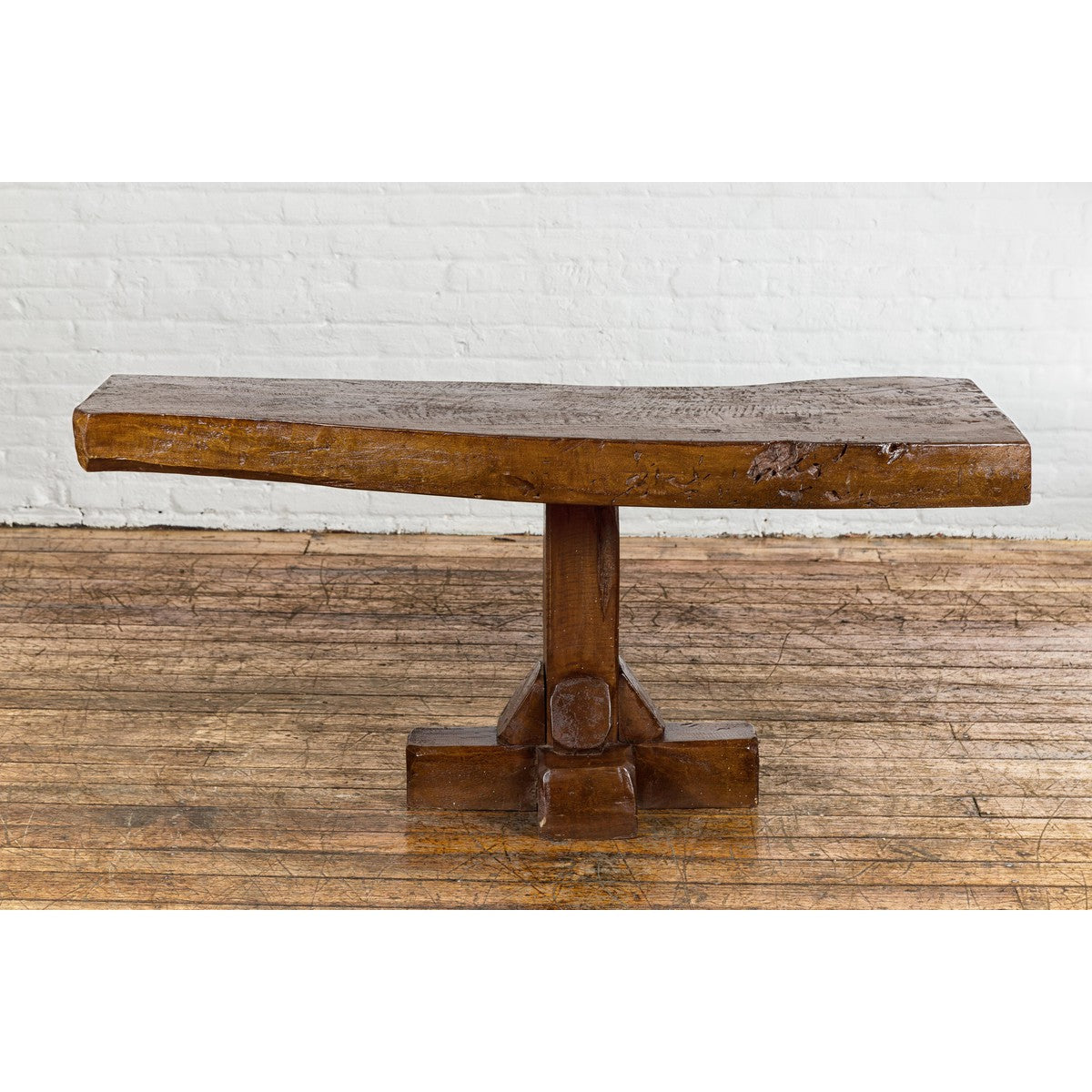 Low Wooden Console Table with Rustic Top and Pedestal Base-4. Asian &amp; Chinese Furniture, Art, Antiques, Vintage Home Décor for sale at FEA Home