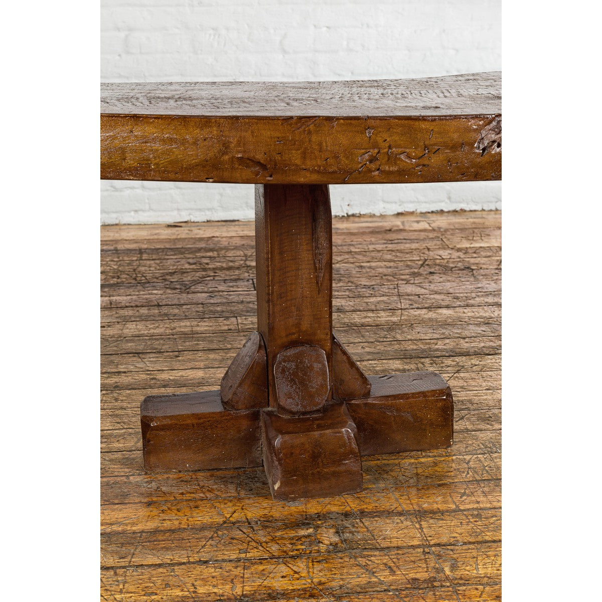 Low Wooden Console Table with Rustic Top and Pedestal Base-7. Asian &amp; Chinese Furniture, Art, Antiques, Vintage Home Décor for sale at FEA Home