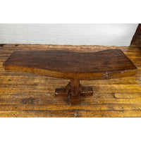 Low Wooden Console Table with Rustic Top and Pedestal Base