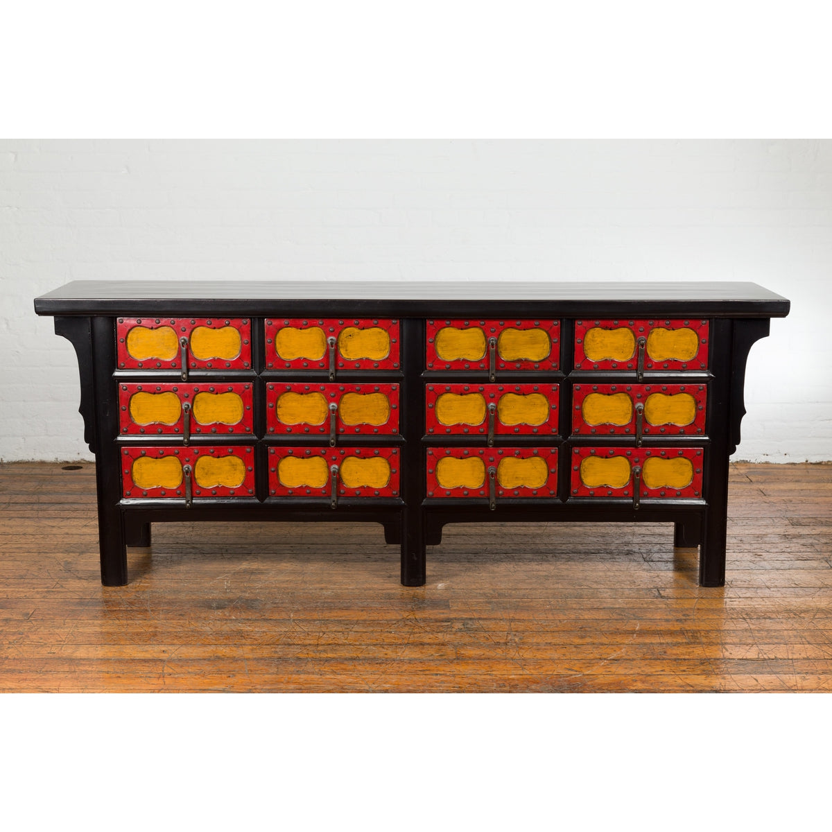 Chinese Qing Dynasty 19th Century Long Polychrome Sideboard with 12 Drawers-13. Asian &amp; Chinese Furniture, Art, Antiques, Vintage Home Décor for sale at FEA Home
