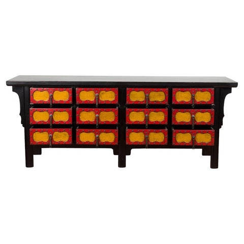 Chinese Qing Dynasty 19th Century Long Polychrome Sideboard with 12 Drawers-YN7733-1. Asian & Chinese Furniture, Art, Antiques, Vintage Home Décor for sale at FEA Home