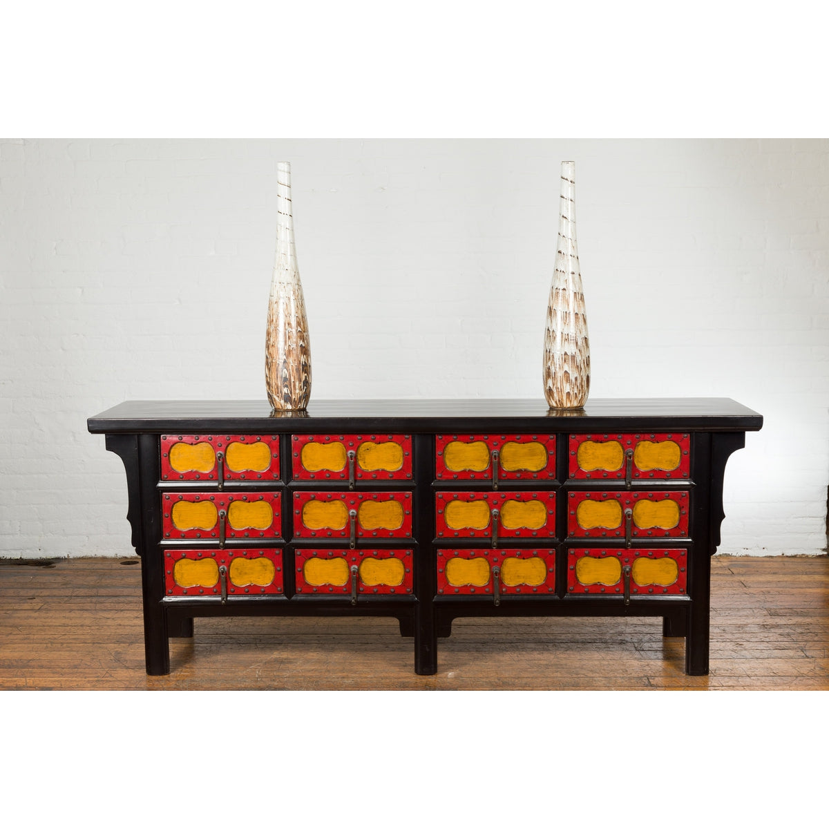Chinese Qing Dynasty 19th Century Long Polychrome Sideboard with 12 Drawers-4. Asian &amp; Chinese Furniture, Art, Antiques, Vintage Home Décor for sale at FEA Home