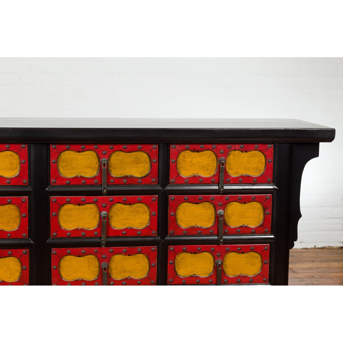 Chinese Qing Dynasty 19th Century Long Polychrome Sideboard with 12 Drawers-6. Asian &amp; Chinese Furniture, Art, Antiques, Vintage Home Décor for sale at FEA Home