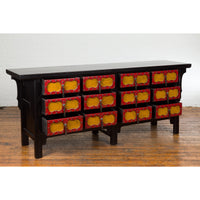 Chinese Qing Dynasty 19th Century Long Polychrome Sideboard with 12 Drawers