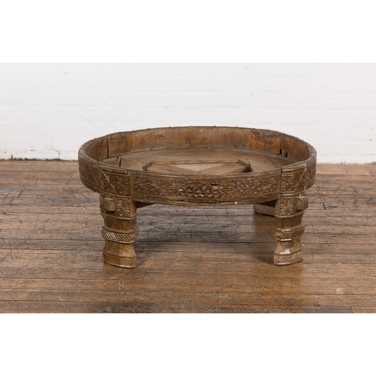 1920s Indian Antique Chakki Grinding Table with Hand-Carved Geometric Décor-13. Asian &amp; Chinese Furniture, Art, Antiques, Vintage Home Décor for sale at FEA Home