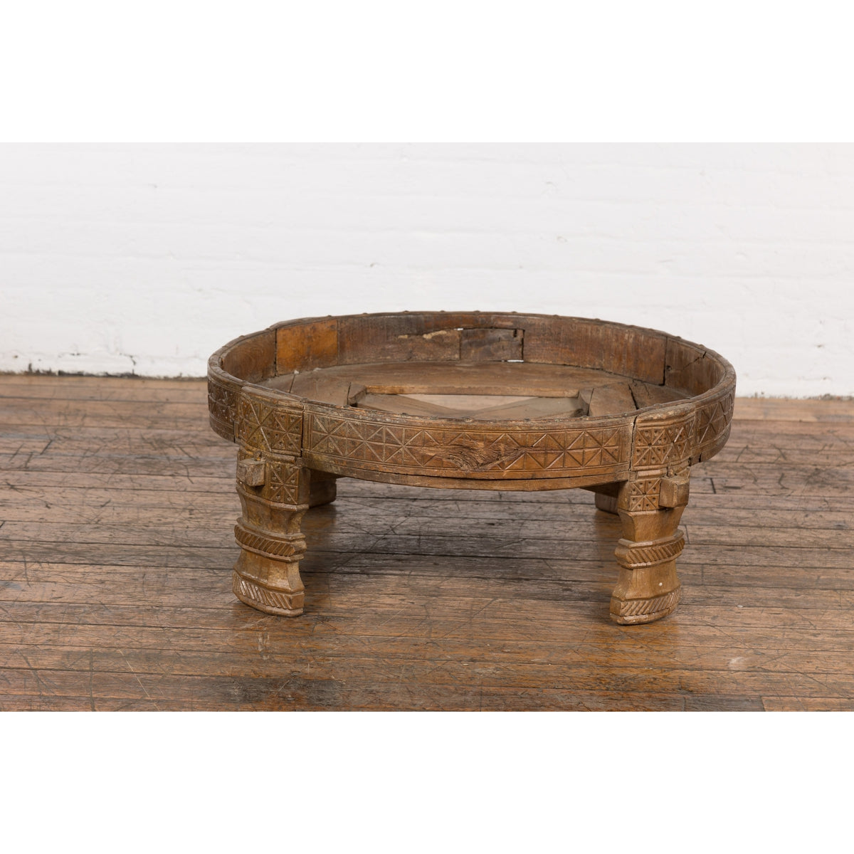 1920s Indian Antique Chakki Grinding Table with Hand-Carved Geometric Décor-2. Asian & Chinese Furniture, Art, Antiques, Vintage Home Décor for sale at FEA Home