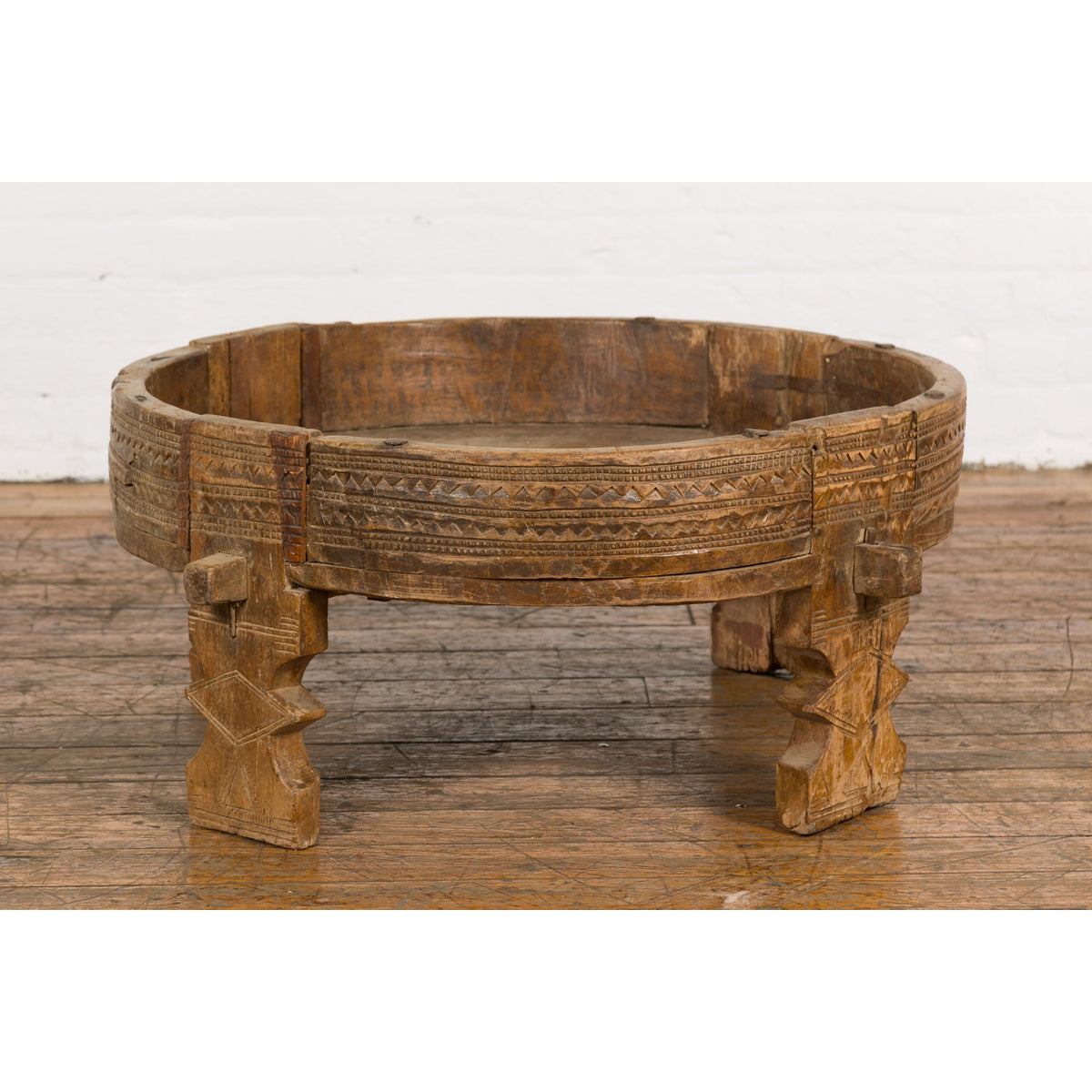 Tribal Indian 1920s Teak Chakki Grinding Table with Geometric Carved Motifs-12. Asian &amp; Chinese Furniture, Art, Antiques, Vintage Home Décor for sale at FEA Home