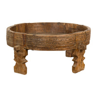 Tribal Indian 1920s Teak Chakki Grinding Table with Geometric Carved Motifs